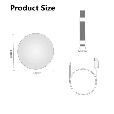 Circular wireless charging pad with its dimensions and cable shown.