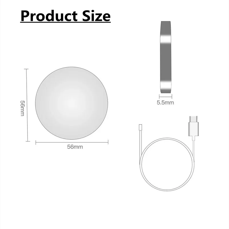 Circular wireless charging pad with its dimensions and cable shown in a product specification diagram.