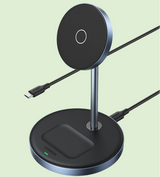 Circular wireless charging stand with an attached cable.