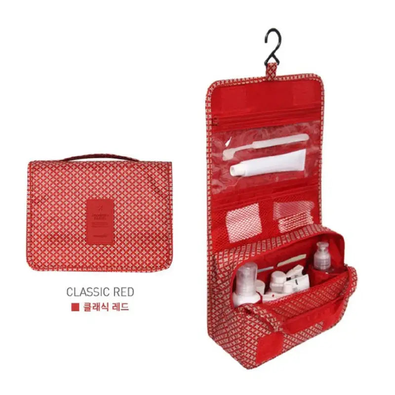 a red bag with a toilet and toiletries