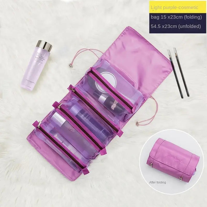 a purple travel bag with a makeup brush and a bottle of perfume