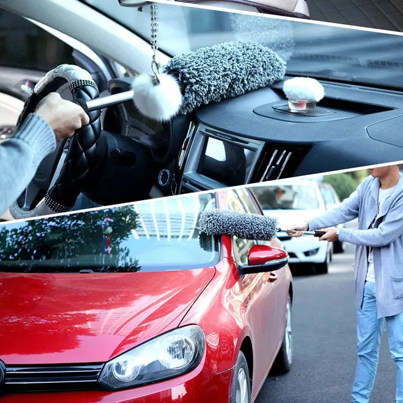 a man is cleaning the car with a brush