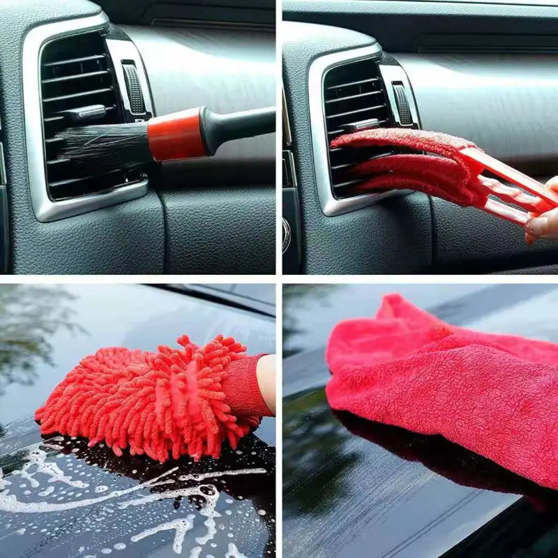a close up of a person cleaning a car with a red glove