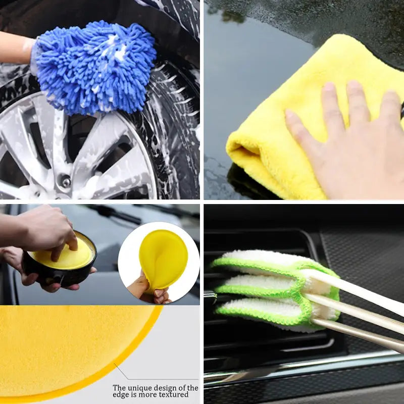 a col of four images showing how to clean a car