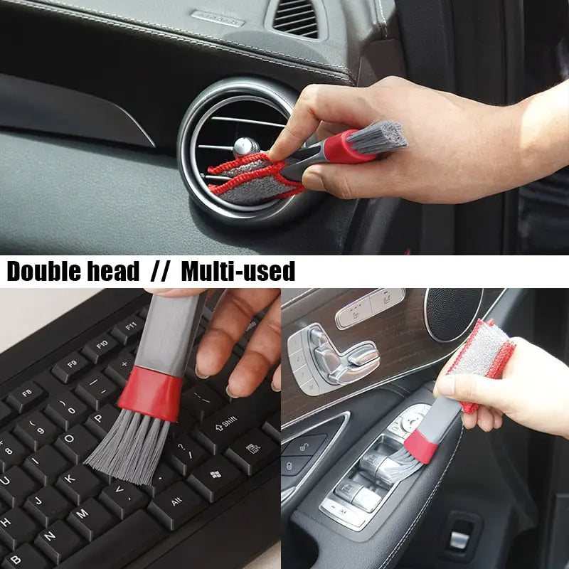 a person using a red brush to clean the interior of a car