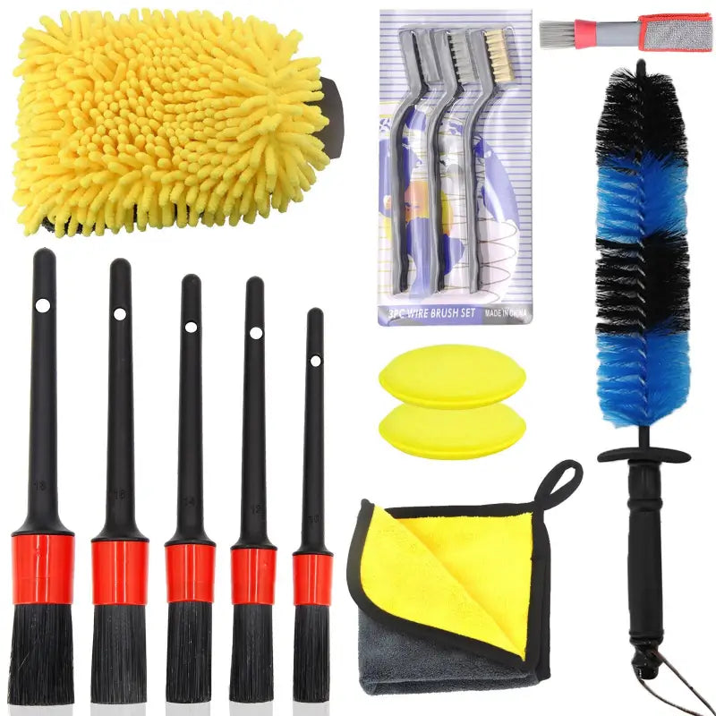 a set of cleaning tools including a brush, sponge, and cleaning cloth