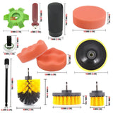 a set of cleaning tools including a brush, sponge, sponge, and sponge