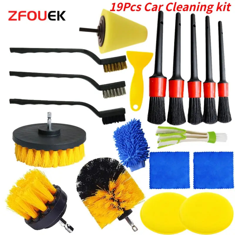 a set of cleaning tools including brushes, sponges, and cleaning cloth