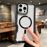 Clear and black protective phone case with MagSafe compatibility.