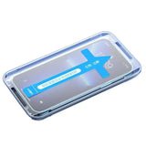 the back of a clear case with a blue arrow on it