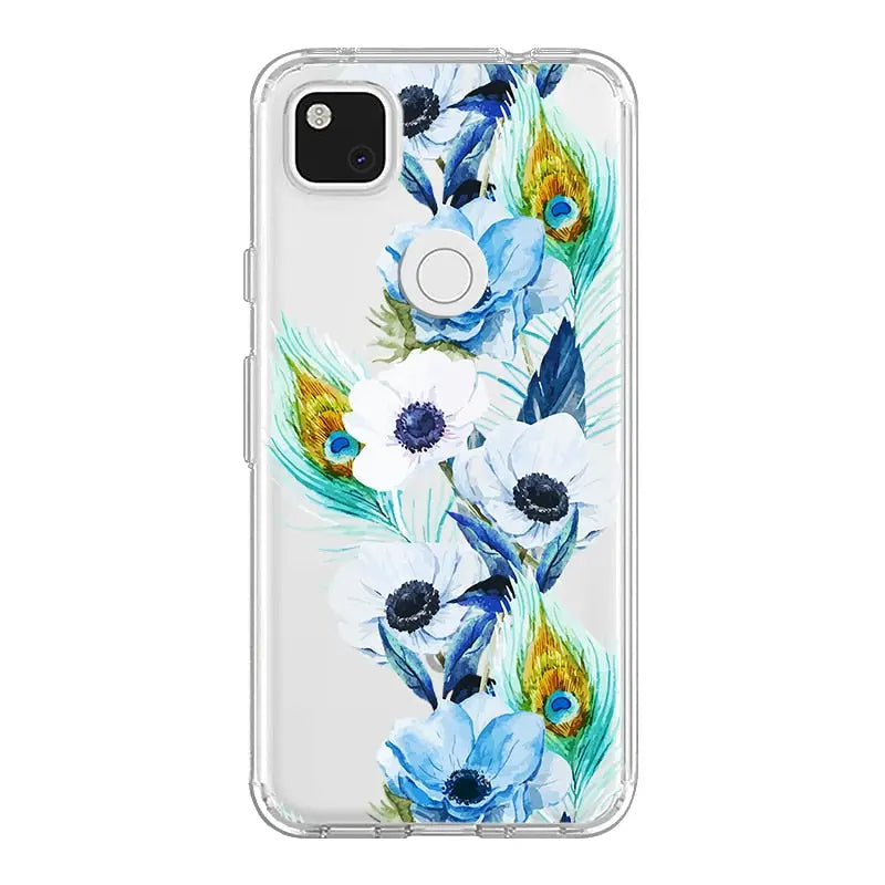 the back of a clear case with blue flowers and feathers