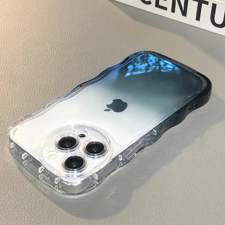 A clear case with a blue and white design