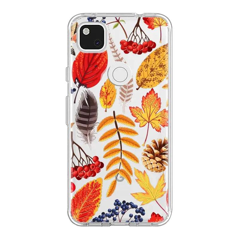 the back of a clear case with colorful leaves and berries