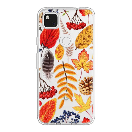 the back of a clear case with colorful leaves and berries