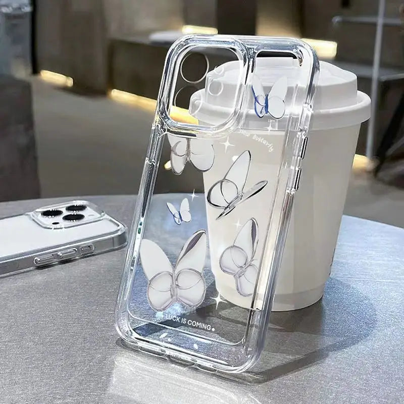 a clear case with a white butterfly design on it