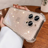 A clear, glitter-infused phone case with reinforced corners and precise cutouts for multiple camera lenses.