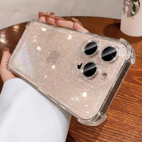 A clear, glitter-infused phone case with reinforced corners and precise cutouts for multiple camera lenses.