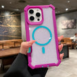 A clear glitter phone case with bright pink edges and a blue magnetic ring.