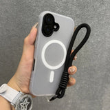 A clear gray iPhone case with a black wrist strap and a white MagSafe ring.