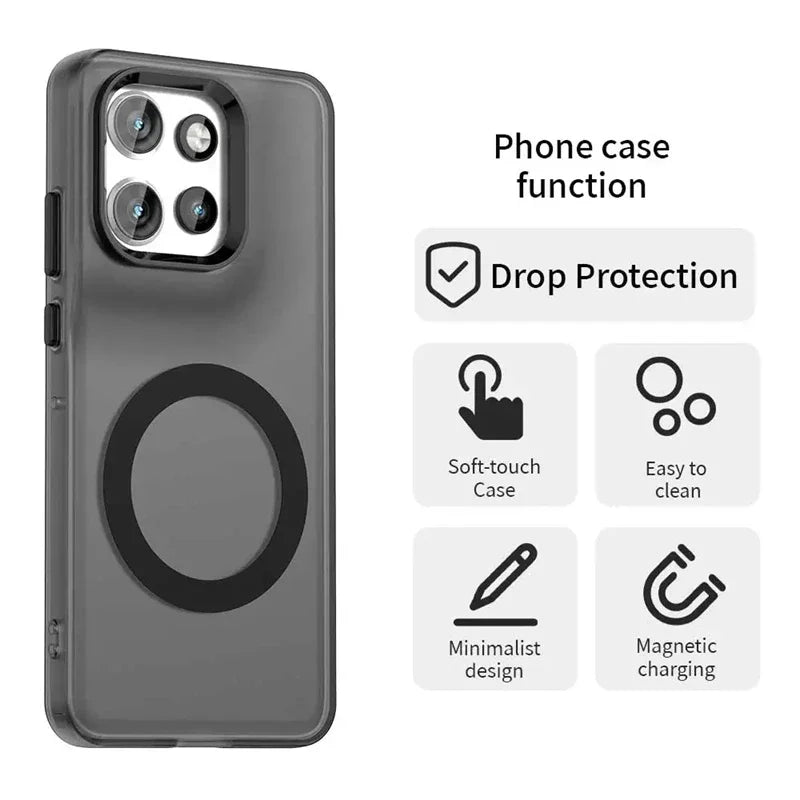 Clear gray iPhone case with a black magnetic charging ring and drop protection.