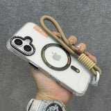 Clear iPhone case with a beige wrist lanyard and a diamond-encrusted watch.