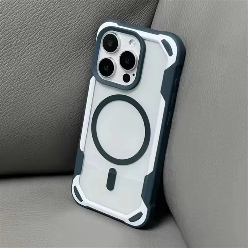 Clear iPhone case with a dark gray bumper, reinforced corners, and a black MagSafe ring.