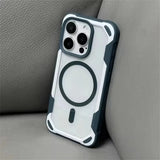 Clear iPhone case with a dark gray bumper, reinforced corners, and a black MagSafe ring.