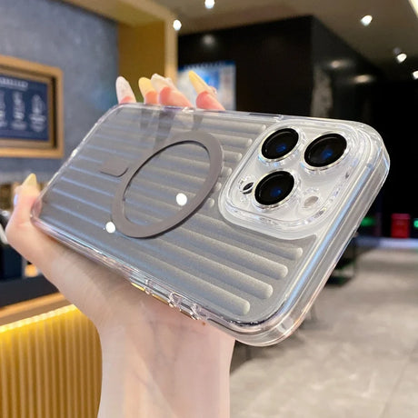 Clear iPhone case with a ridged back design and a built-in magnetic ring stand.