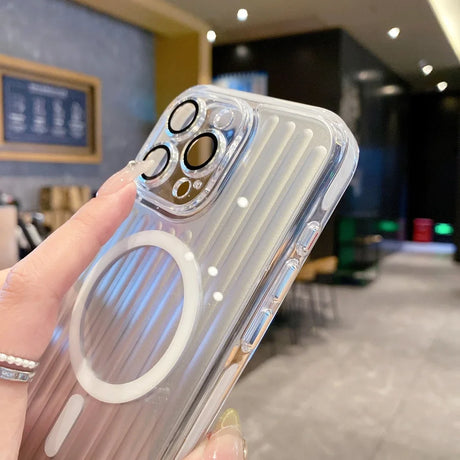 Clear, iridescent, ribbed phone case with a MagSafe ring and camera lens protectors.