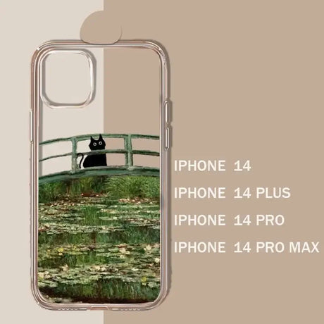 Clear phone case featuring an artistic design of a black cat on a green bridge over a lily pond.