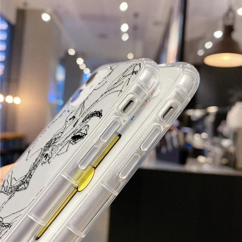 Clear phone case for samsung galaxy with black line-art dragon and yellow strip featuring abstract art design on back
