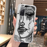 Clear phone case for samsung galaxy with black and white abstract art design featuring stylized face illustration