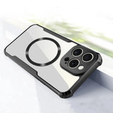 Clear phone case with black edges, a magnetic ring, and reinforced corners.