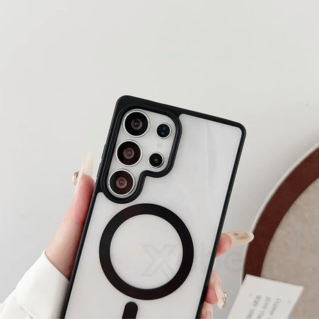 Clear phone case with black trim and magnetic ring.