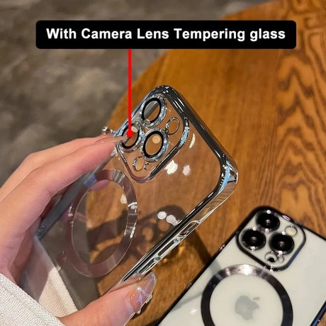 Clear phone case with camera lens protection.