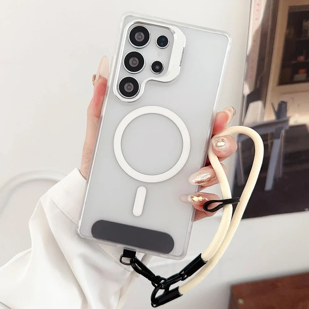 Clear phone case with camera cutouts, a magnetic ring, and a detachable lanyard.