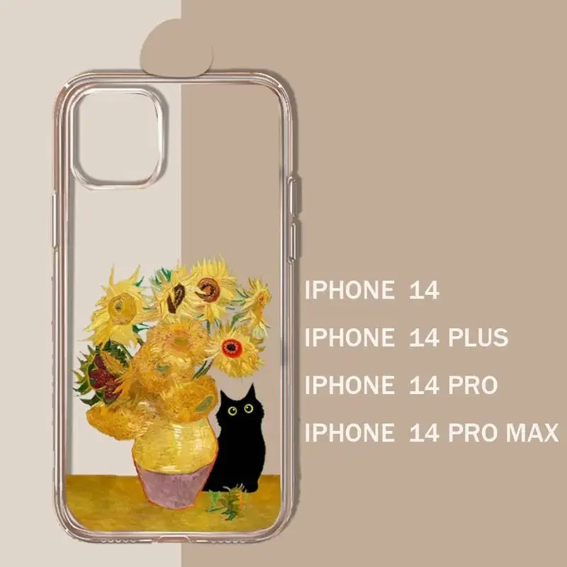 Clear phone case featuring a colorful design of sunflowers in a vase with a black cat.