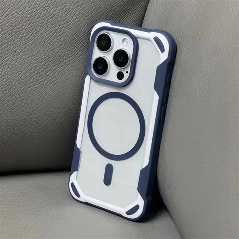 Clear phone case with dark blue edges and a magnetic ring.