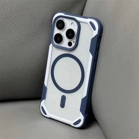 Clear phone case with dark blue edges and a magnetic ring.