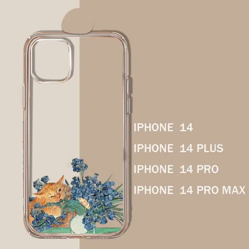 Clear phone case with a decorative design featuring a cat among blue flowers.