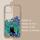 Clear phone case with a design featuring a black cat among blue irises.