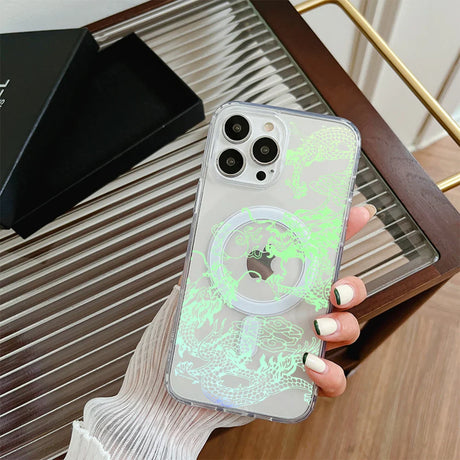 Clear phone case with a glowing green dragon design and a MagSafe ring.