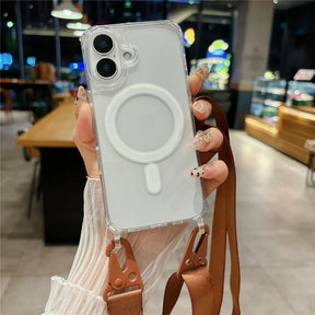 Clear phone case with magnetic ring and brown strap.