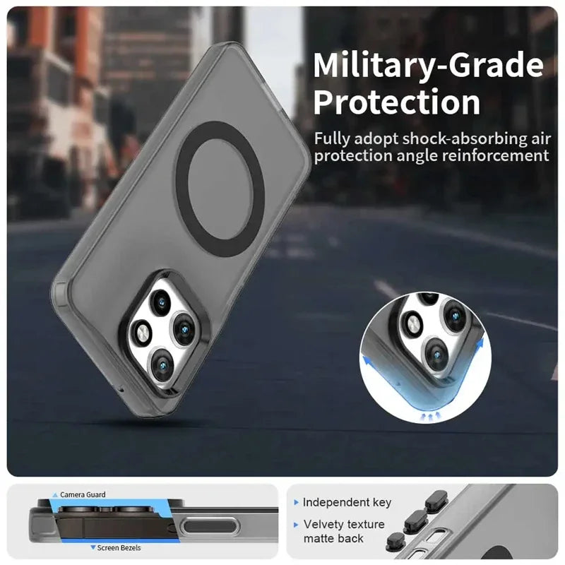 Clear phone case with MagSafe compatibility and reinforced camera/screen protection.