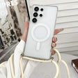 Clear phone case with MagSafe ring and crossbody strap.