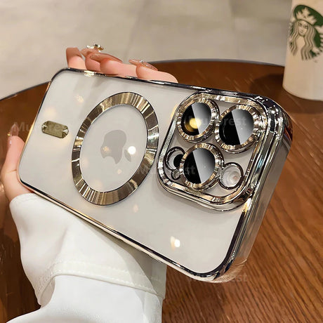 Clear phone case with metallic accents.