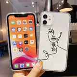 Clear phone case for samsung galaxy with minimalist black line art abstract faces on white background design