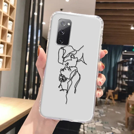 Clear phone case for samsung galaxy with minimalist black line abstract art design of two figures kissing on back side