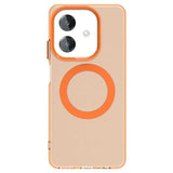 Clear phone case with an orange frame and a circular magnetic ring on the back.