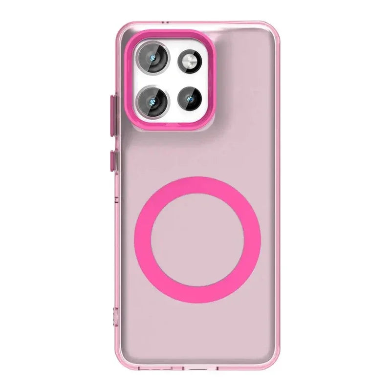 Clear phone case with pink accents and a magnetic ring.